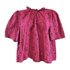 Jennifer Grace Blouse Womens Large Eyelet Pink Puff Sleeve Floral Ruffle Top